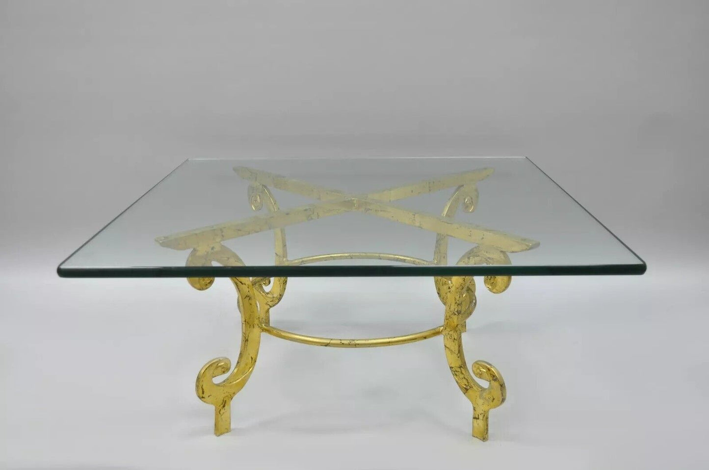 Vintage Italian Hollywood Regency Scrolling Gold Metal and Glass Coffee Table