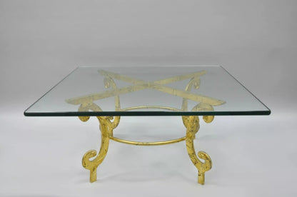 Vintage Italian Hollywood Regency Scrolling Gold Metal and Glass Coffee Table