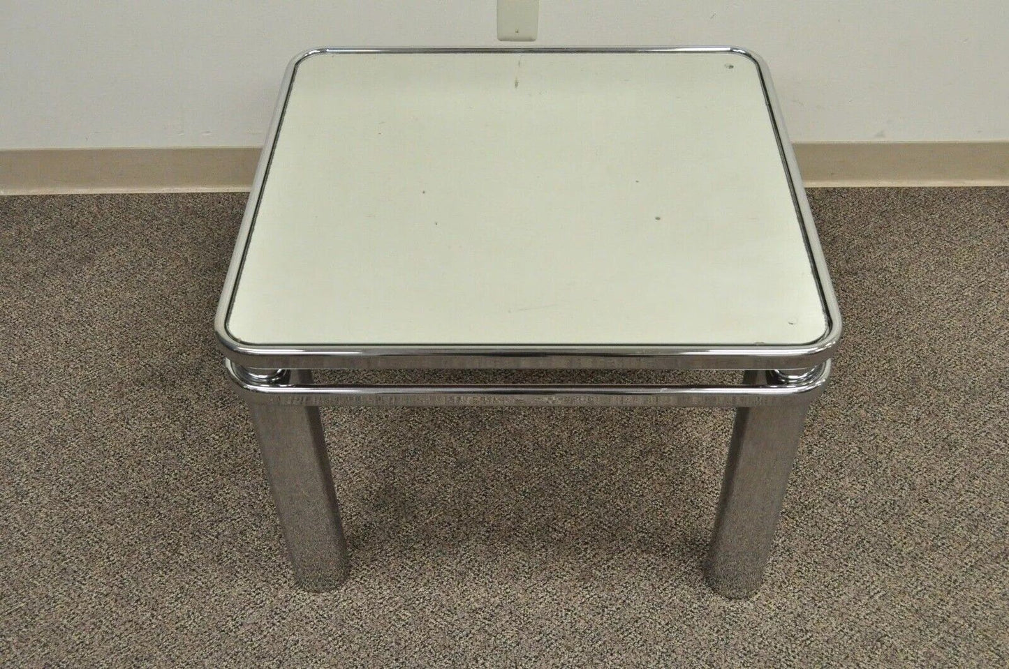 Mid Century Modern Baughman Style Tubular Chrome Glass Mirror Accent Side Table