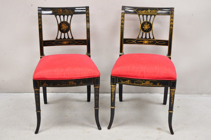 Vintage Chinoiserie English Regency Style Black Painted Dining Chairs - Set of 6