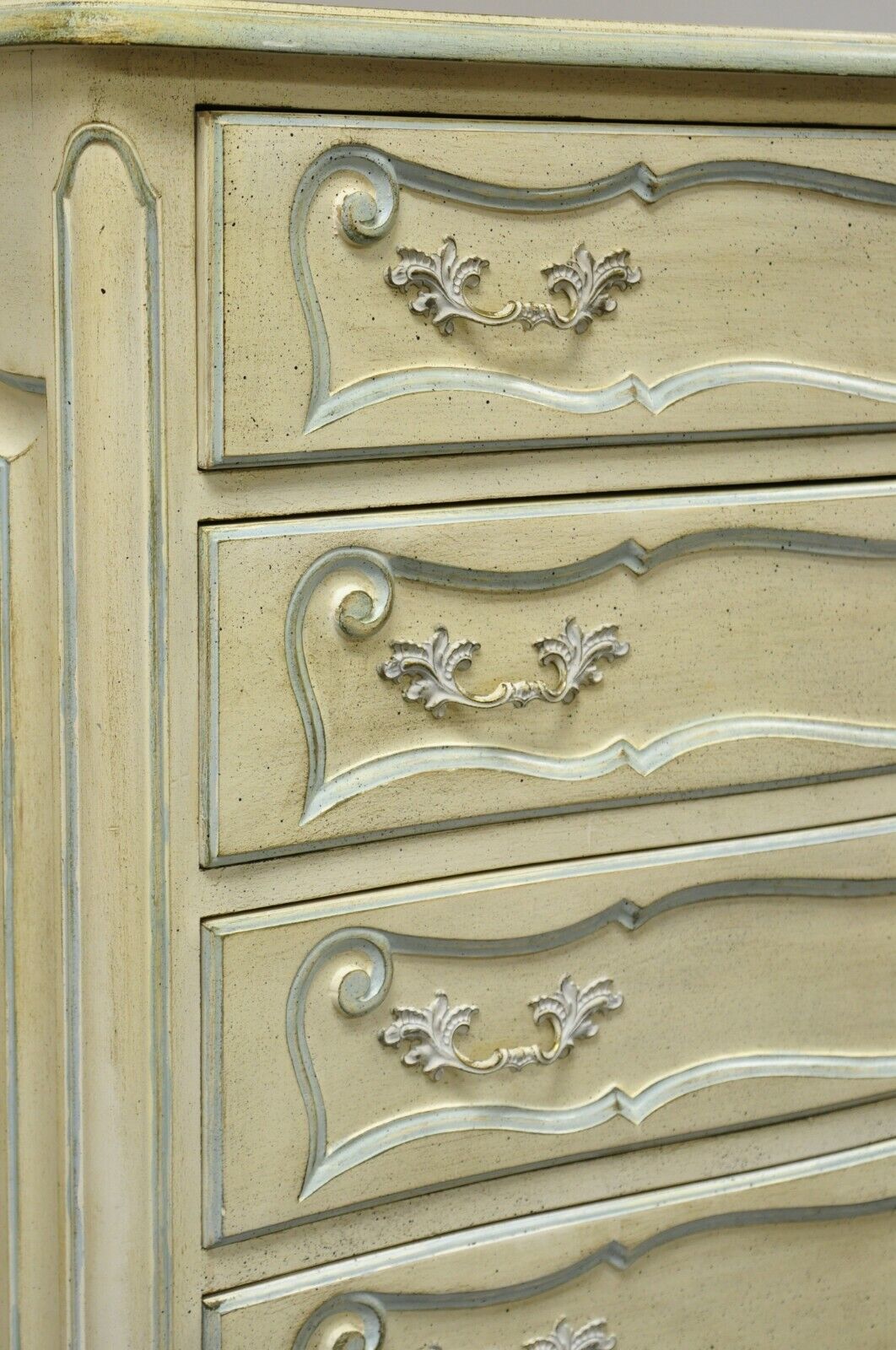 Vintage French Provincial Cream Blue Paint Tall Narrow Custom 65" Chest Dresser