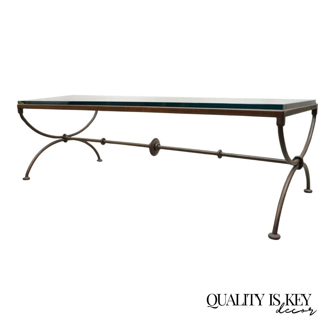 Italian Hollywood Regency Iron X- Frame Glass Top Rectangular Coffee Table