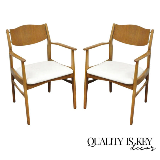 Young Mfg Mid Century Danish Modern Walnut Teak Curved Dining Arm Chairs - Pair