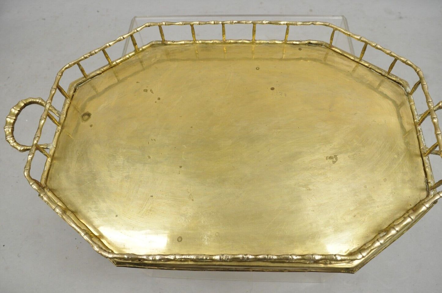 Vintage Hollywood Regency Faux Bamboo Solid Brass Octagonal Serving Platter Tray