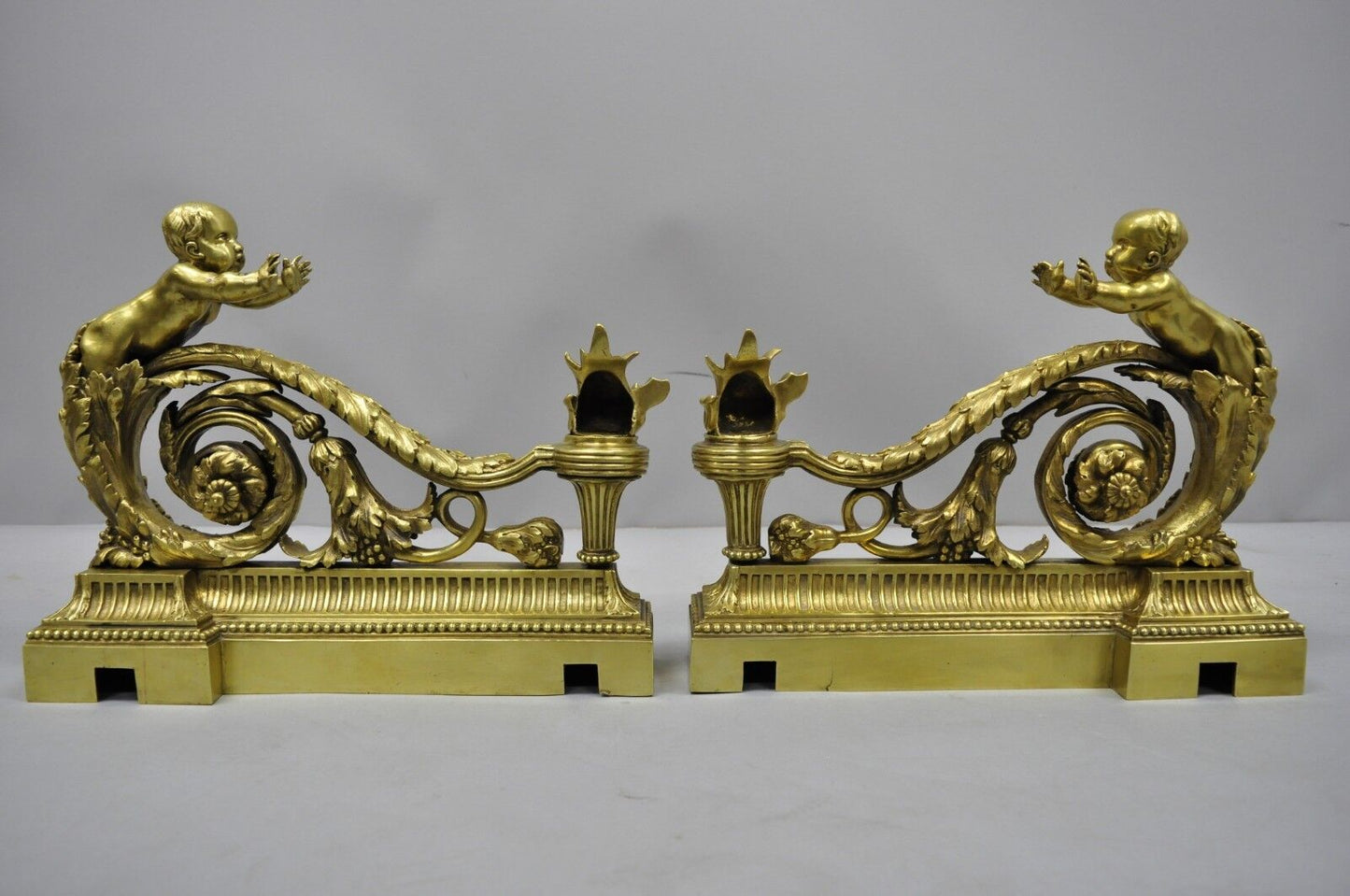 Antique French Louis XV Style Bronze Cherub Chenets Fireplace Andirons - Pair