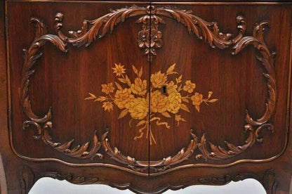 French Louis XV Small Walnut Floral Inlay Style Corner Curio China Cabinet