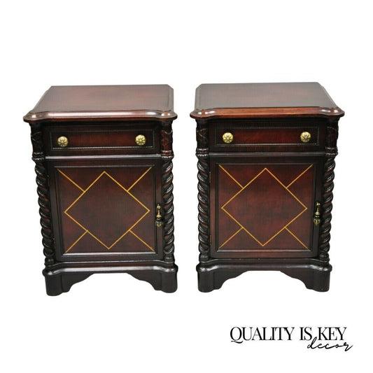 Vtg Mahogany Hollywood Regency Leather Door Nightstands Bedside Tables - a Pair