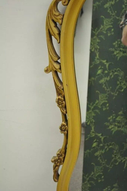 Vintage French Louis XV Style Floral Carved Wood Yellow Painted Wall Mirror