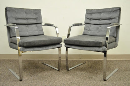 Mid Century Modern Milo Baughman Style Chrome Steel Cantilever Arm Chairs - Pair