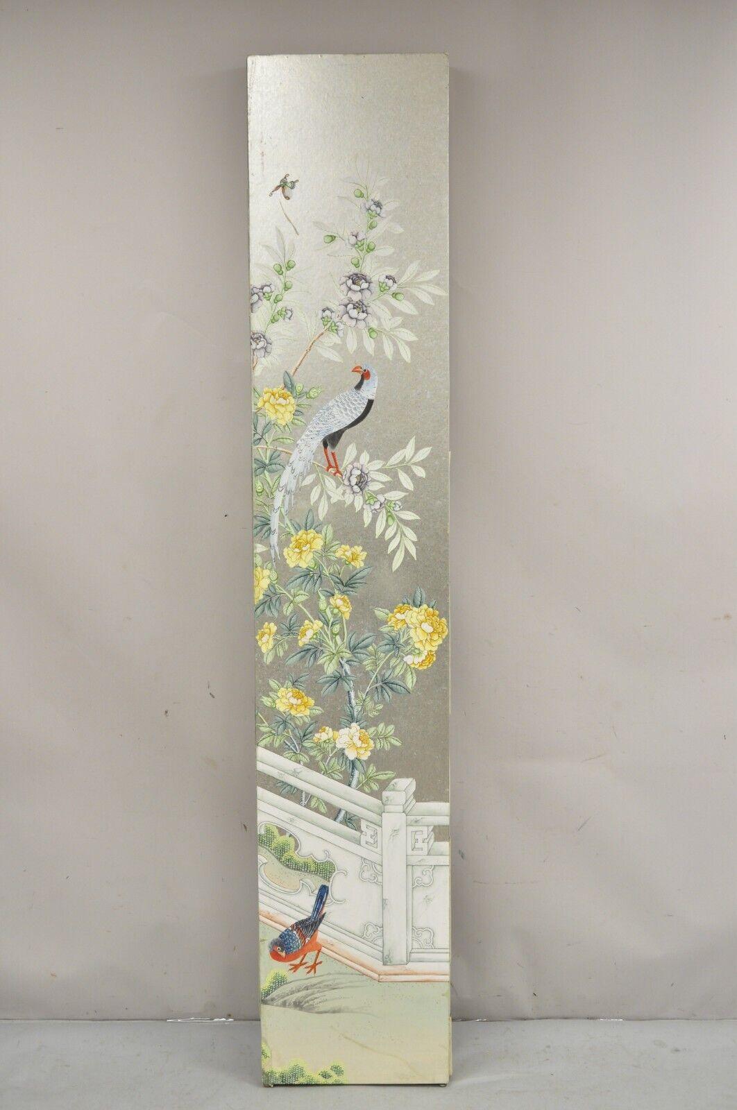 Vintage Chinoiserie Silver Leaf Birds Butterflies 4 Panel Screen Room Divider B