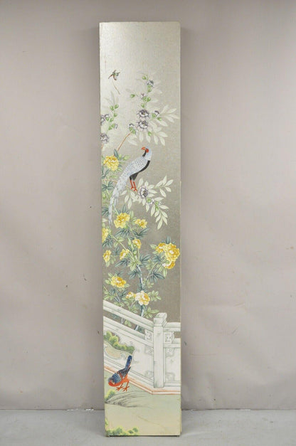 Vintage Chinoiserie Silver Leaf Birds Butterflies 4 Panel Screen Room Divider B