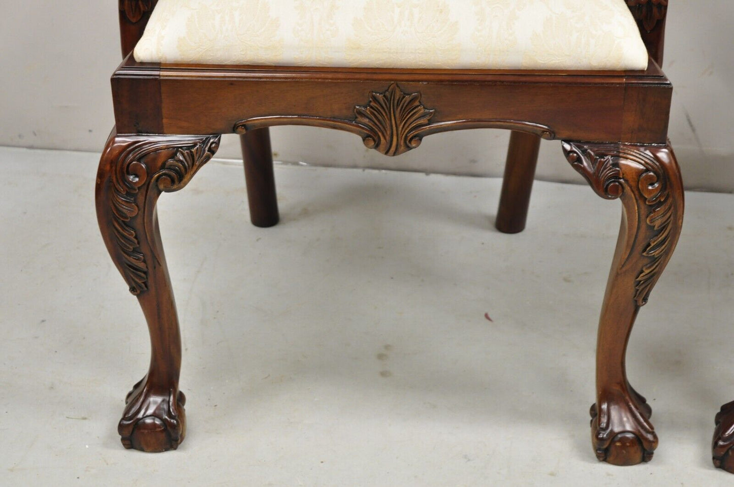 English Chippendale Style Carved Mahogany Ball & Claw Dining Arm Chairs - a Pair