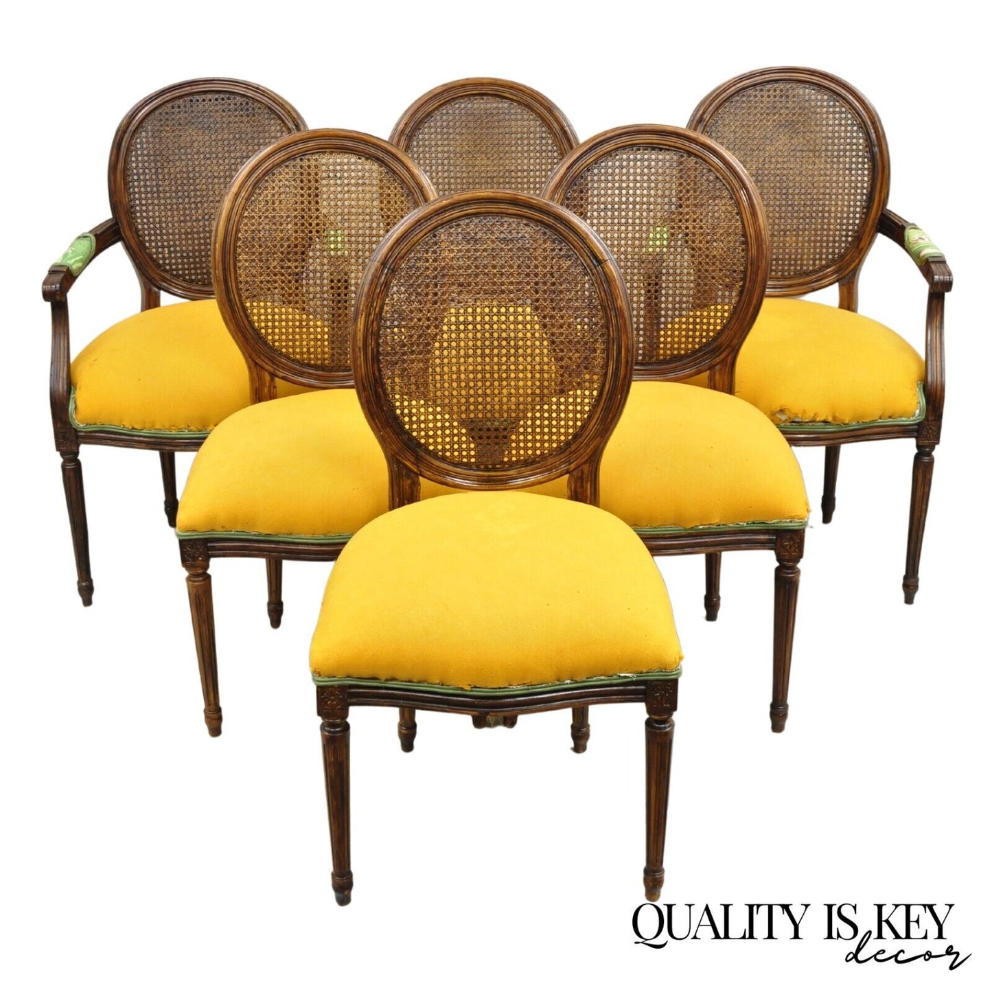 Vintage French Louis XVI Style Oval Cane Back Walnut Dining Chairs - Set of 6