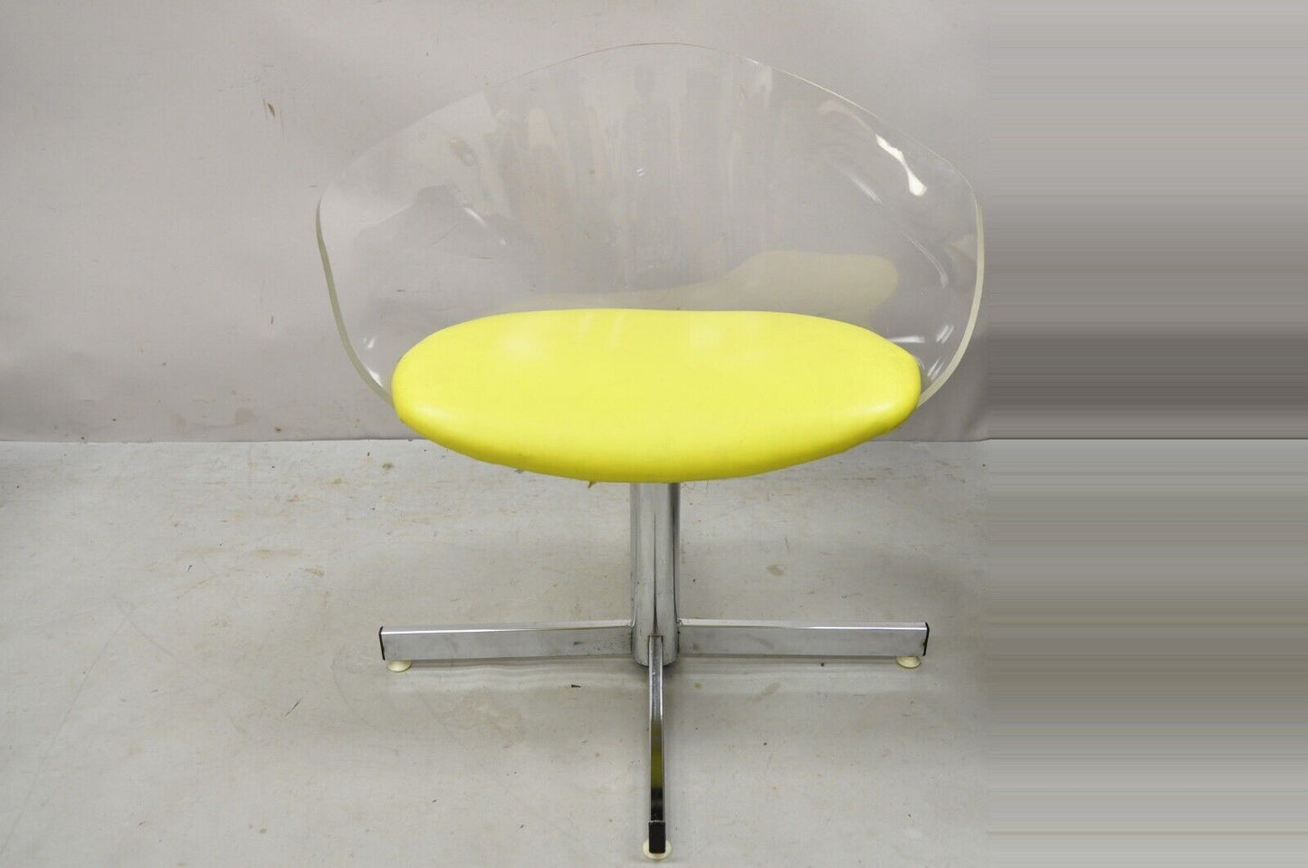 Vtg Jansko Clear Sculpted Lucite Mid Century Modern Yellow Vinyl Swivel Chair