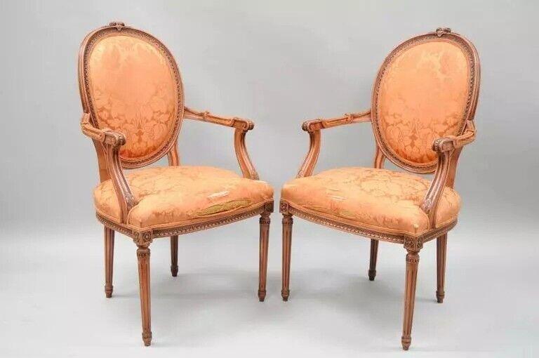 French Louis XVI Style Pink Distress Painted Oval Back Dining Arm Chairs - Pair