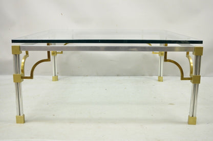 Maison Jansen Style Brushed Aluminum Brass Greek Key Fretwork Glass Coffee Table