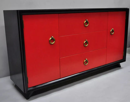 Mid Century Modern Art Deco Black and Red Credenza Cabinet Sideboard by Harjer