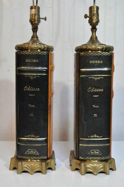 Vintage English Regency Style Leather Book Form Table Lamps by Wildwood - a Pair