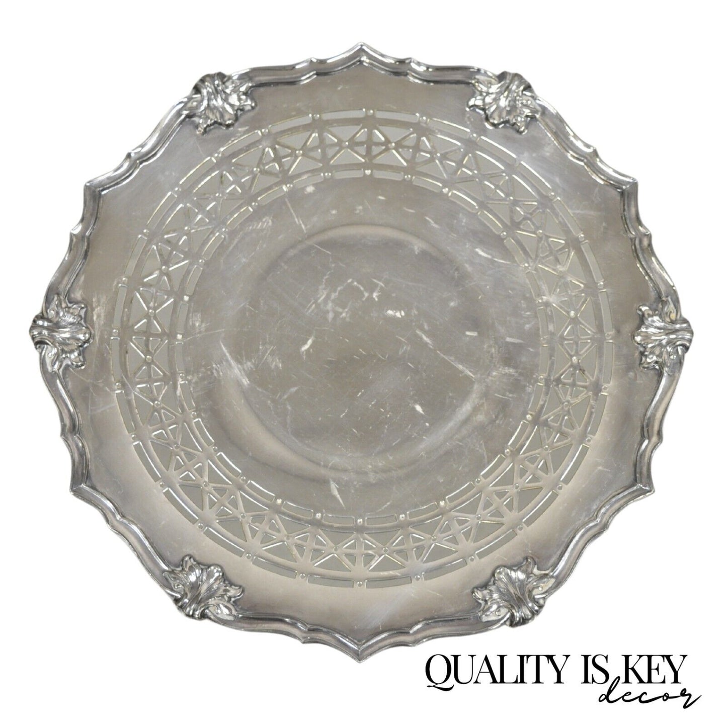 Vintage English Victorian Silver Plated Footed Round Pierced Serving Tray