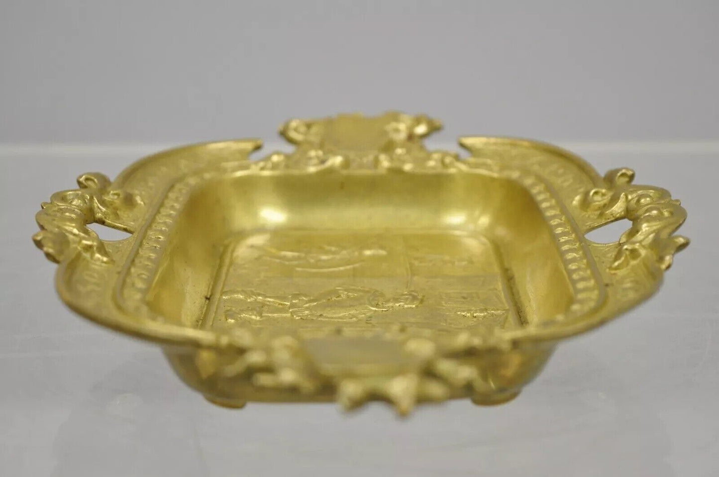 Antique German Renaissance Solid Brass Figural Small Trinket Dish Marked Germany