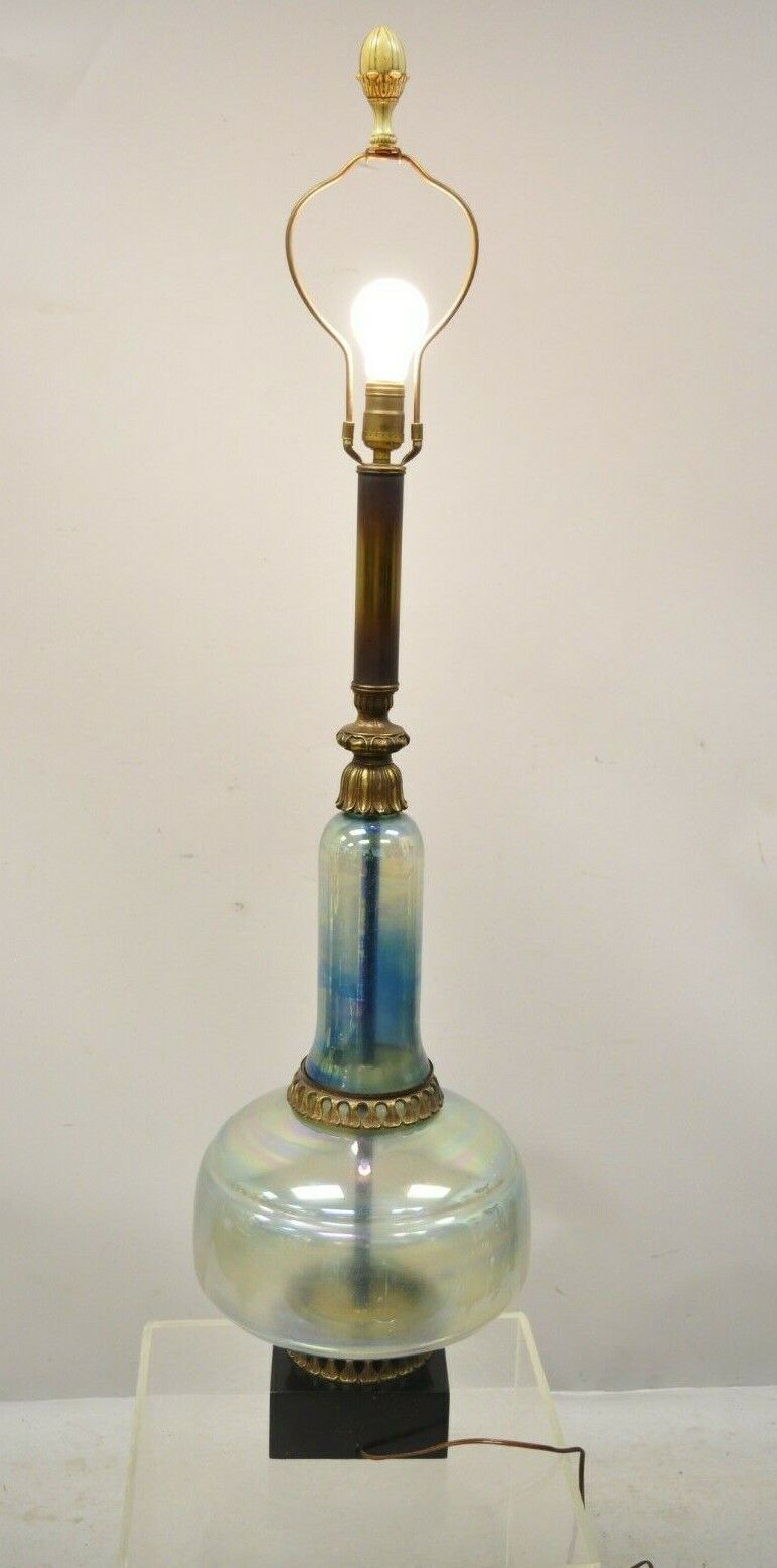 Vintage Mid Century Modern Italian Iridescent Blue Art Glass Tall Table Lamp