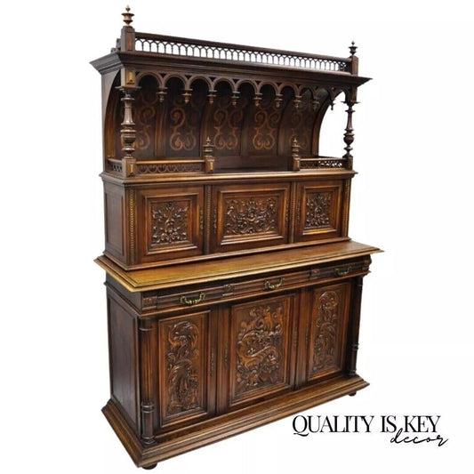 Gothic Renaissance Revival Carved Walnut Dragon Griffin Sideboard Buffet Cabinet