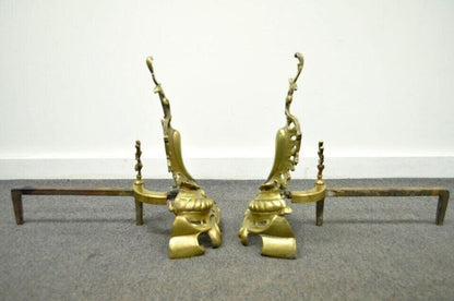 Antique French Louis XV Rococo Style Bronze Brass Acanthus Andirons - a Pair