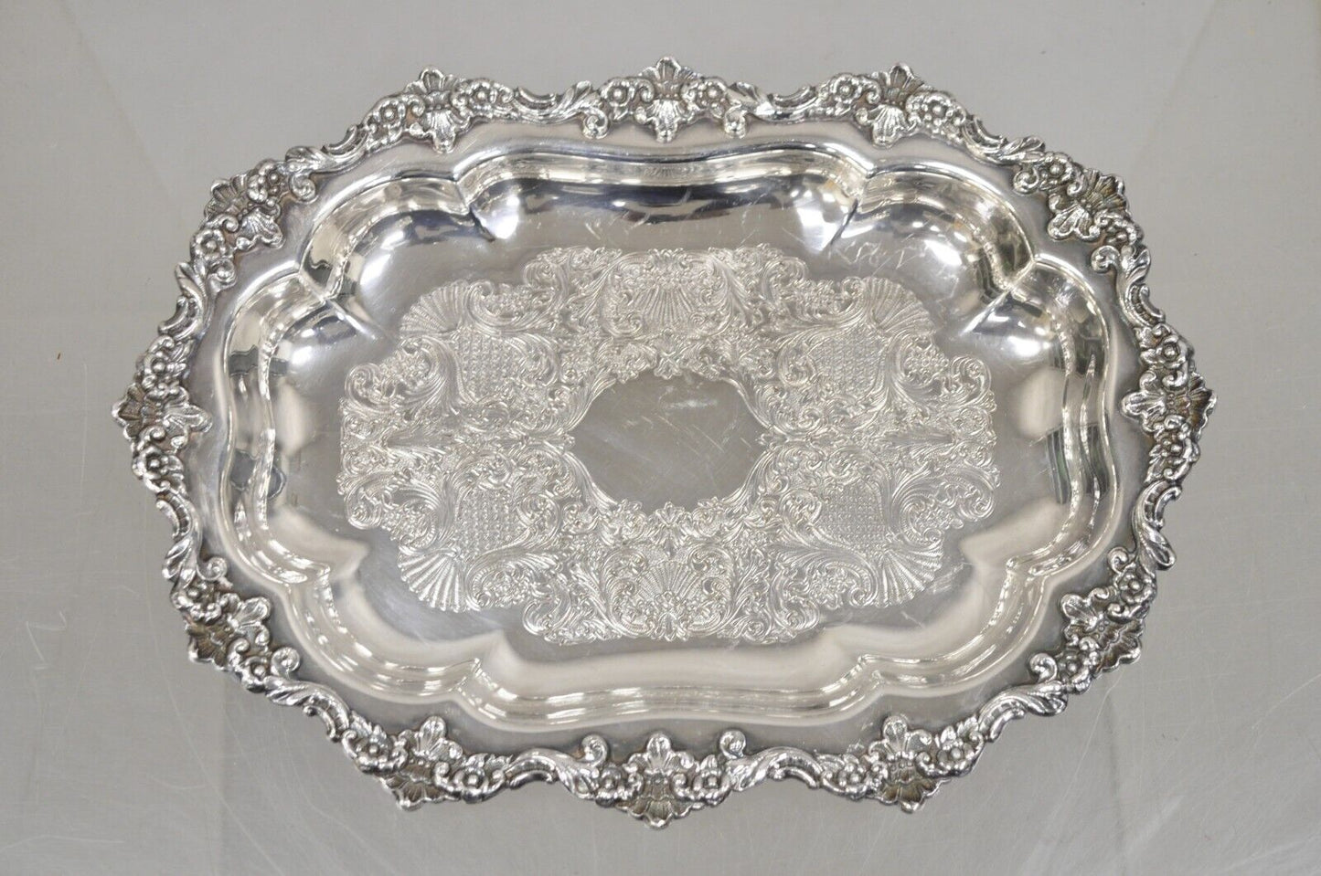 Vintage English Victorian Oval Silver Plated Ornate Scalloped Trinket Dish Tray