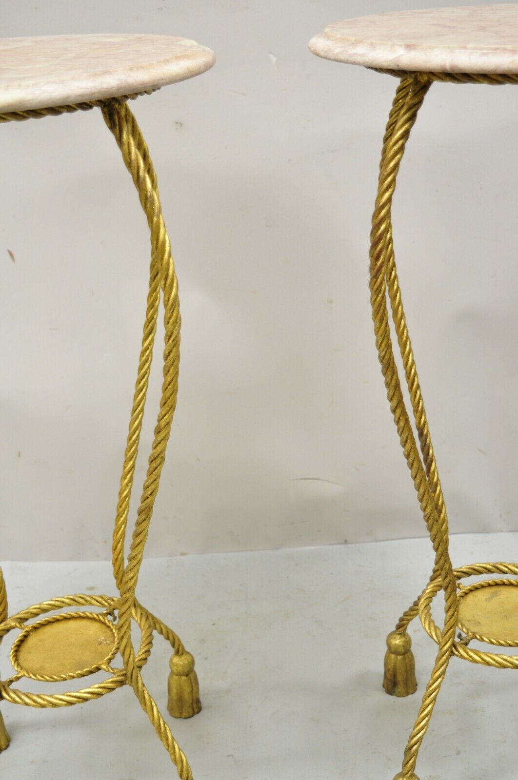 Italian Gold Gilt Iron Rope Tassel Marble Top Tall Pedestal Plant Stand - a Pair