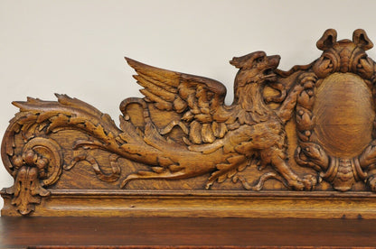 Antique Victorian Figural Lion & Griffin Carved Oak Wood Sideboard Buffet