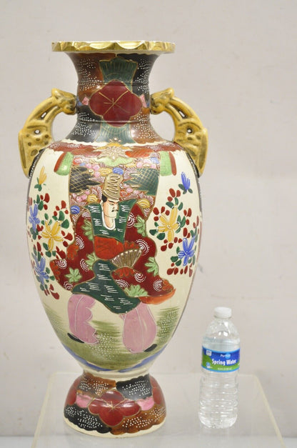 Vintage Japanese Hand Painted Ceramic Porcelain 24" Satsuma Vase with Warriors