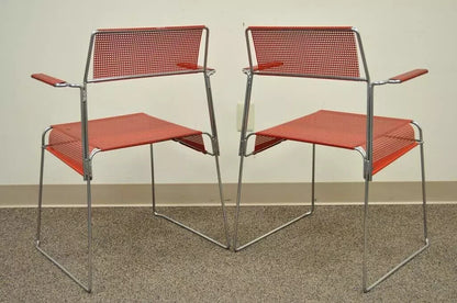 Vintage Tomado Mid Century Modern Red Stacking Chrome Metal Mesh Chairs A - Pair