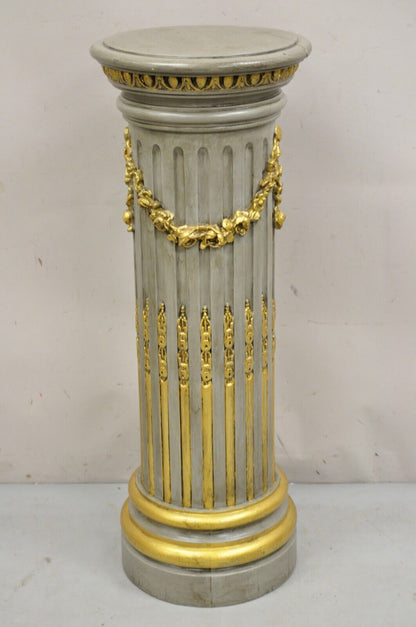 Italian Neoclassical French Empire Grey & Gold Painted Wooden Column Pedestal