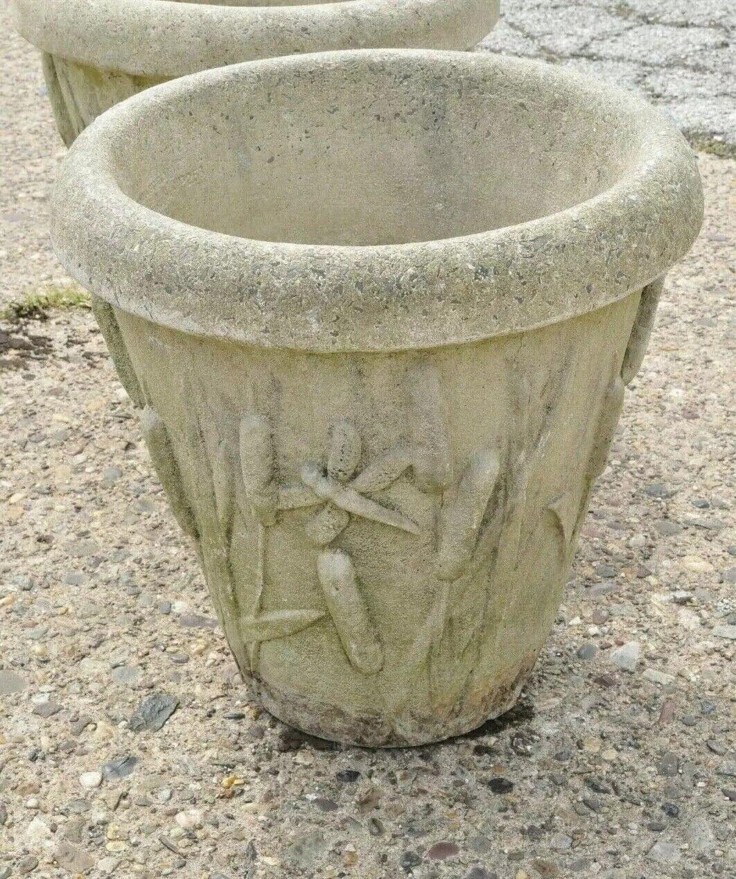 Vintage Nina Studio Concrete Cement Dragonfly Cattail Leaf Garden Planter Pot