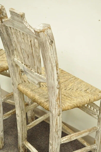 Hickory Style Rustic Log Cabin Wood Woven Rush Seat Bar Stools Chairs - a Pair
