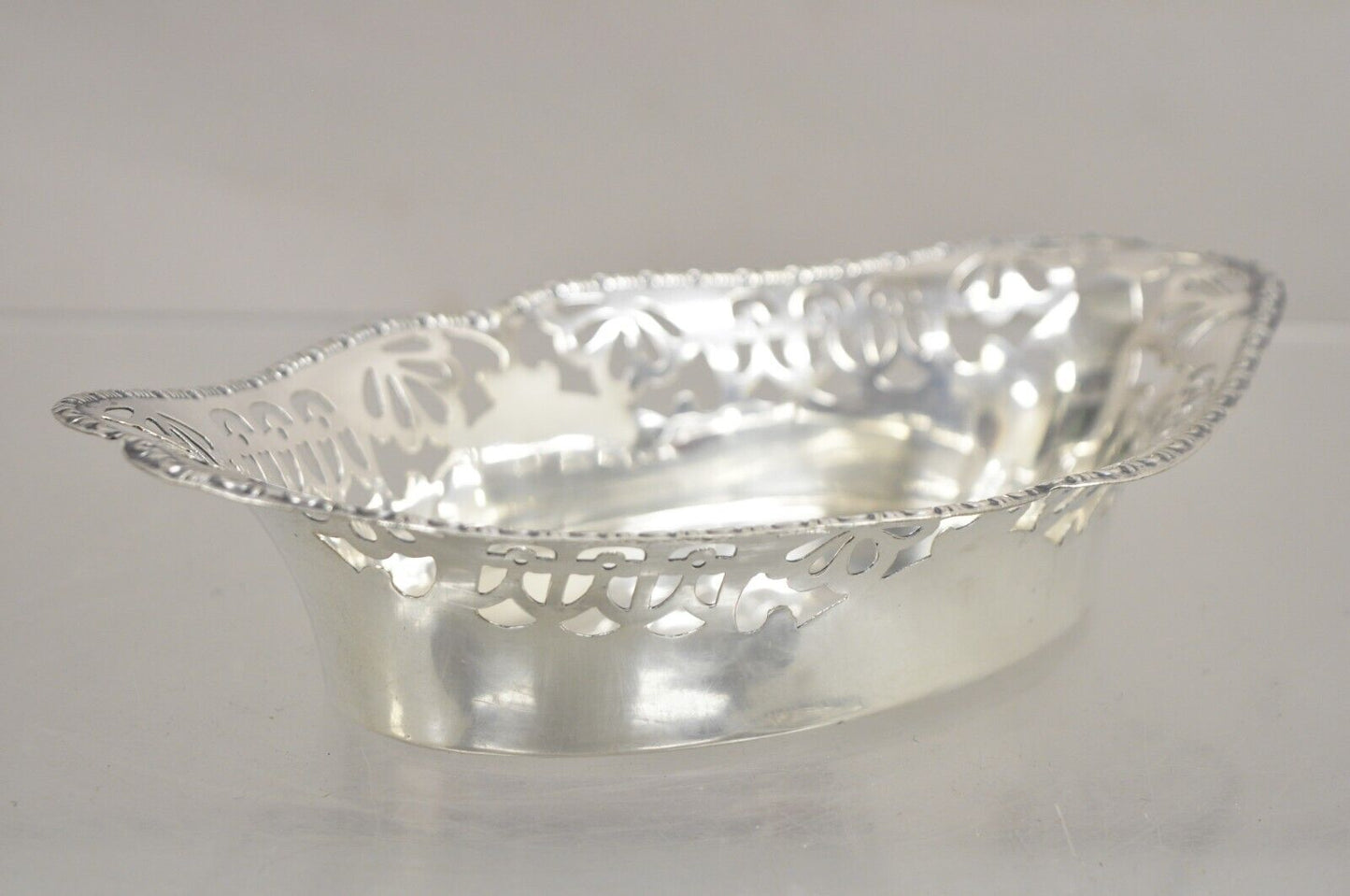 Vintage English Victorian Small Oval Silver Plated Pierced Gallery Trinket Dish