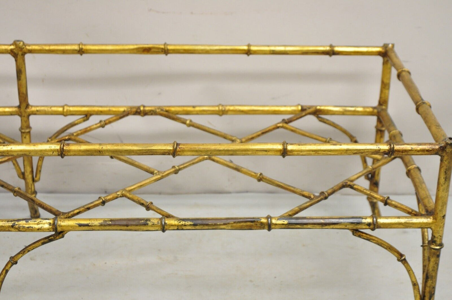 Vintage Italian Hollywood Regency Gold Gilt Iron Glass Faux Bamboo Coffee Table