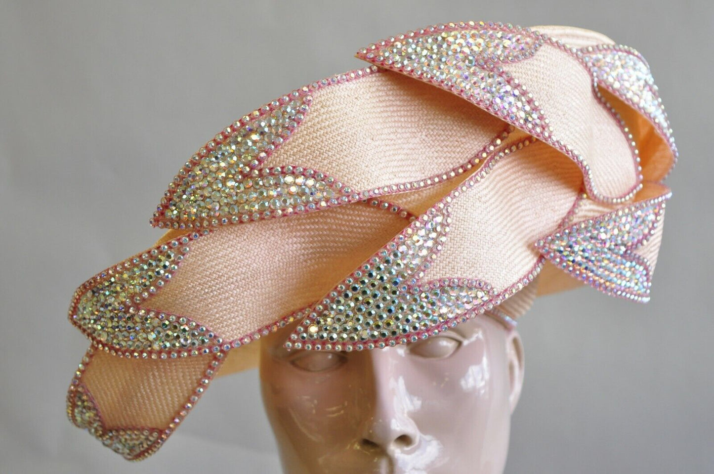 Vintage Jack McConnell Pink Iridescent Jewel Straw Flower Petal Church Derby Hat