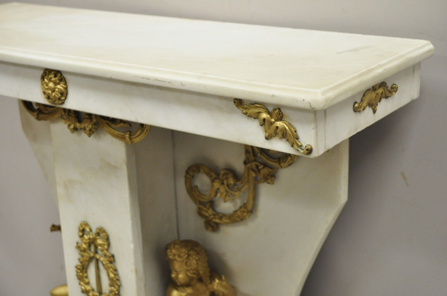 French Louis XV Style Marble and Bronze Ormolu Console Table with Cherubs