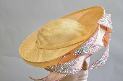 Vintage Jack McConnell Pink Iridescent Jewel Straw Flower Petal Church Derby Hat