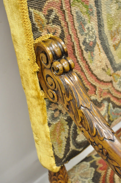 19th C Italian Renaissance Carved Walnut Figural Needlepoint Throne Arm Chair