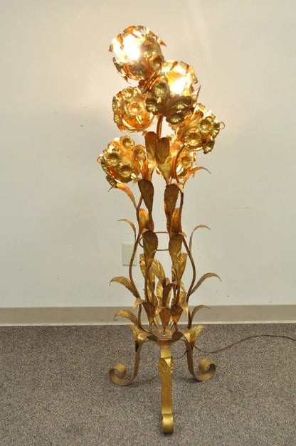 Vintage Italian Hollywood Regency Gold Gilt Floral Tole Metal 6 Light Floor Lamp