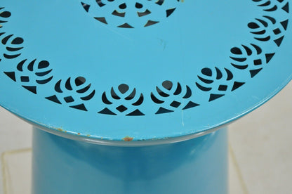 Modern Turquoise Blue Perforated Metal Garden Stool Round Drum Side Table