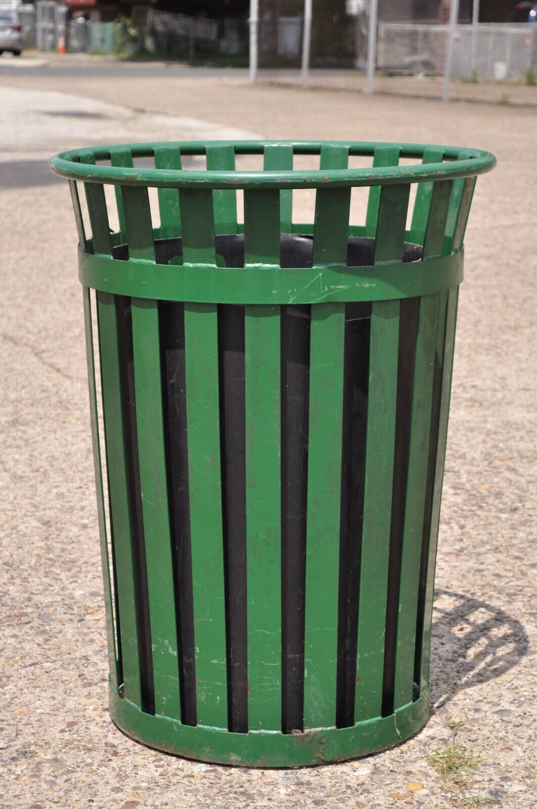 Outdoor Slatted Steel Metal Green Park Trash Can & Liner - 24 Gallon