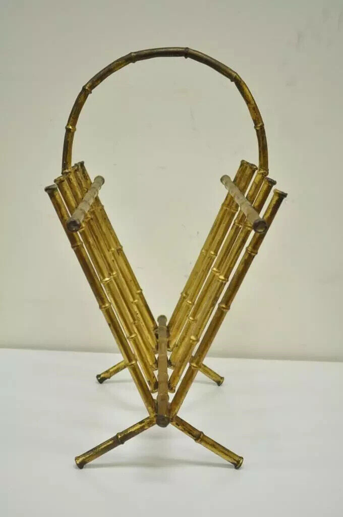 Vtg Italian Hollywood Regency Gold Gilt Faux Bamboo Tole Magazine Rack Holder