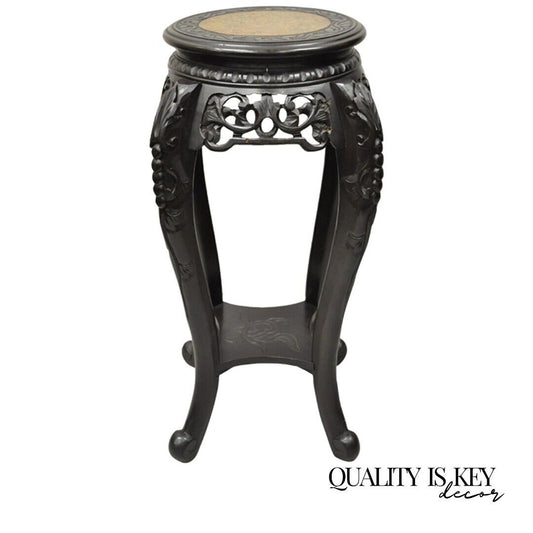 Japanese Carved Wood Black Ebonized 29" Plant Stand Side Table Lacquer Top