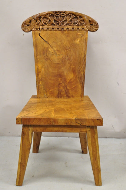 Indonesian Carved Solid Burl Wood Slab Continental Figural Side Chairs - a Pair