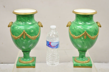 Chelsea House Italian Regency Ram Green Malachite Painted Porcelain Urn - a Pair