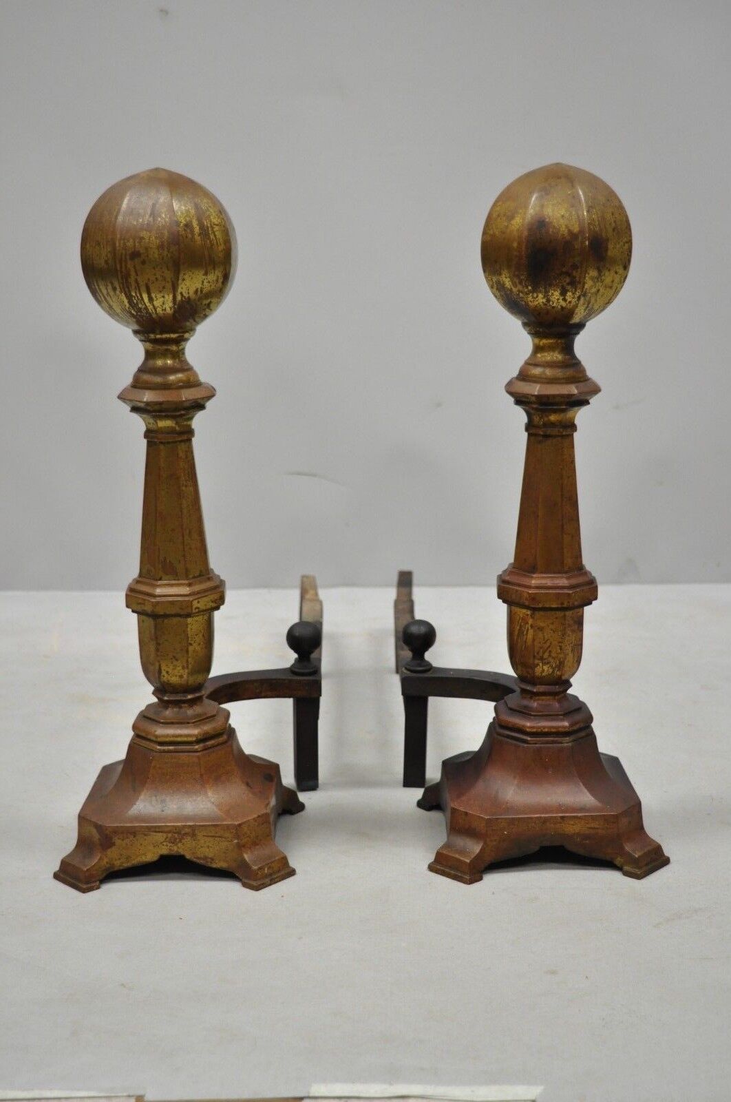 19th C. American Federal Brass Cannonball Andirons with Aged Patina - a Pair