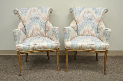 Vintage French Hollywood Regency Rolled Back Fireside Parlor Arm Chairs - a Pair